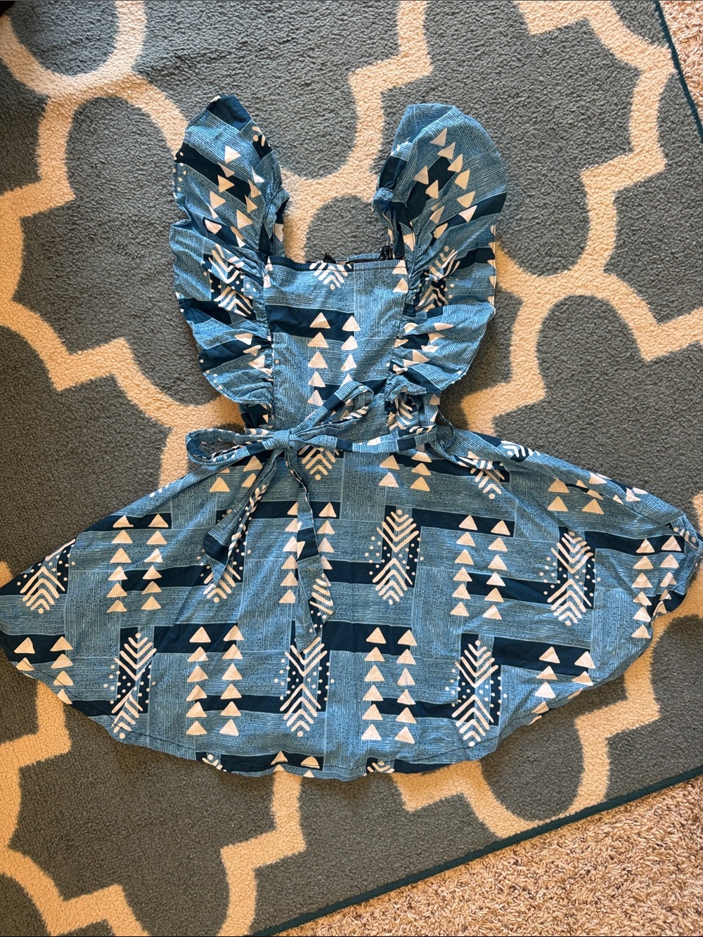 Girls' Blue Patterned Flutter-Sleeve Party Dress